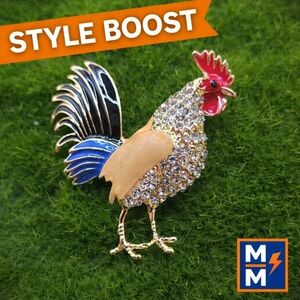 Bold Crystal Rooster Brooch Colorful Enamel Gold Tone Farmhouse Chic Pin